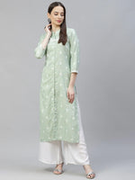 Thumbnail for Jompers Women's Green Ethnic Motifs Ikat Kurta with lace work - Distacart