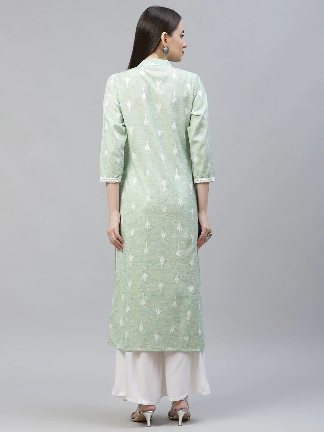 Jompers Women's Green Ethnic Motifs Ikat Kurta with lace work - Distacart
