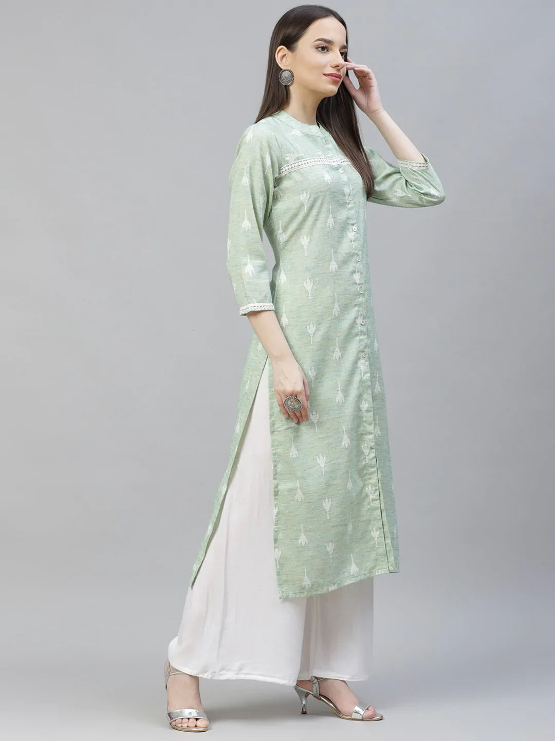 Jompers Women's Green Ethnic Motifs Ikat Kurta with lace work - Distacart