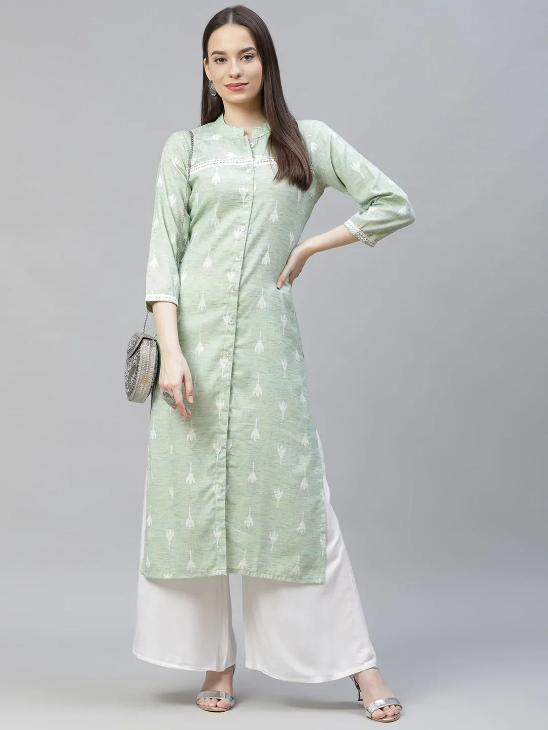 Jompers Women's Green Ethnic Motifs Ikat Kurta with lace work - Distacart