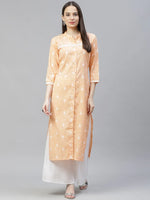 Thumbnail for Jompers Women's Orange Ethnic Motifs Ikat Kurta with lace work - Distacart