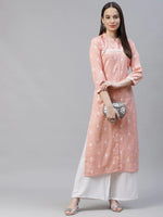 Thumbnail for Jompers Women's Pink Ethnic Motifs Ikat Kurta with lace work - Distacart