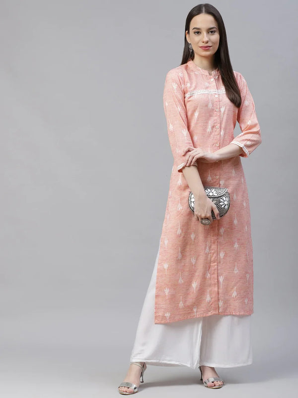 Jompers Women's Pink Ethnic Motifs Ikat Kurta with lace work - Distacart
