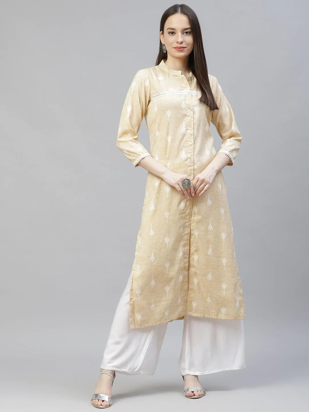 Jompers Women's Yellow Ethnic Motifs Ikat Kurta with lace work - Distacart