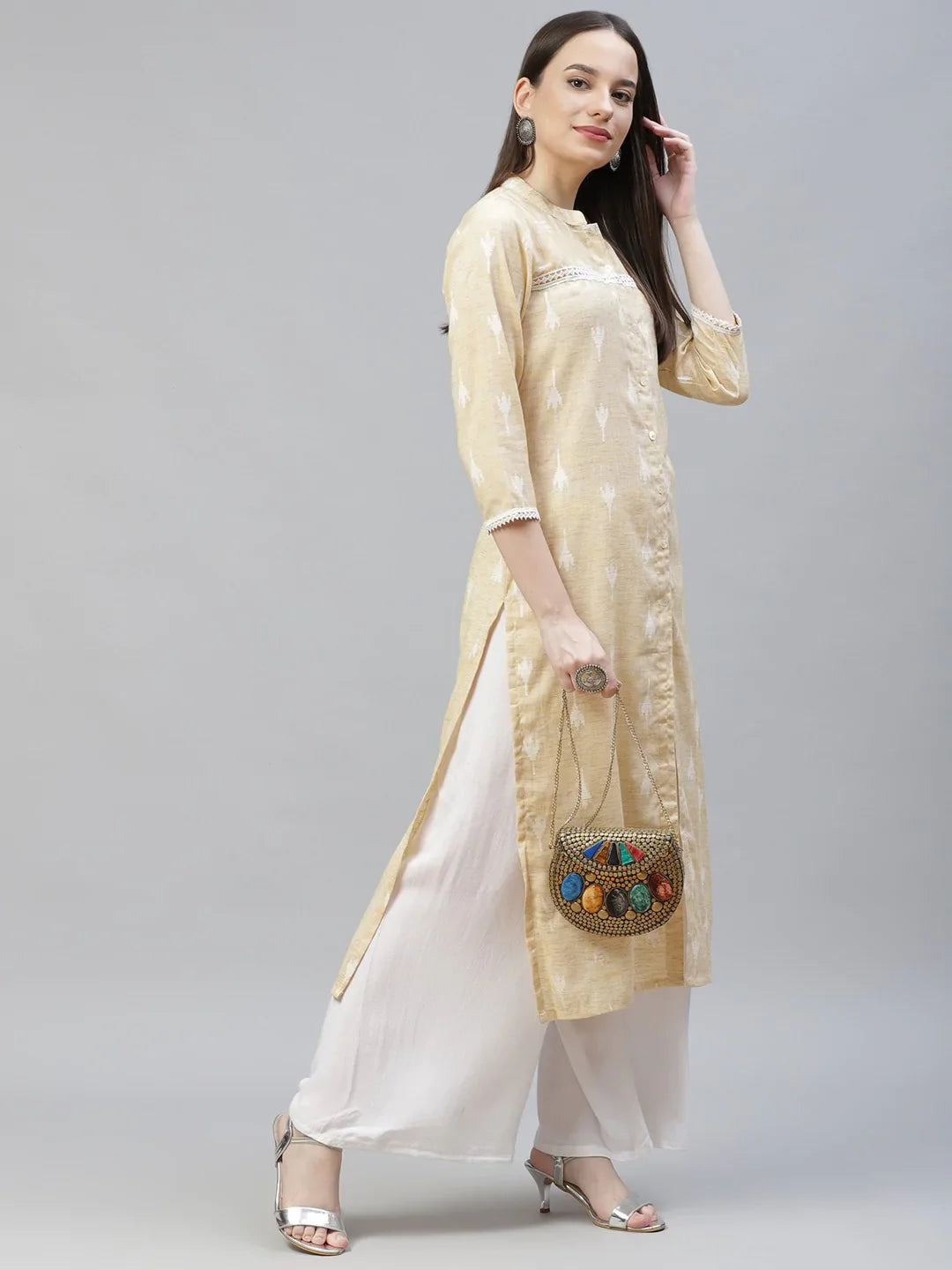 Jompers Women's Yellow Ethnic Motifs Ikat Kurta with lace work - Distacart