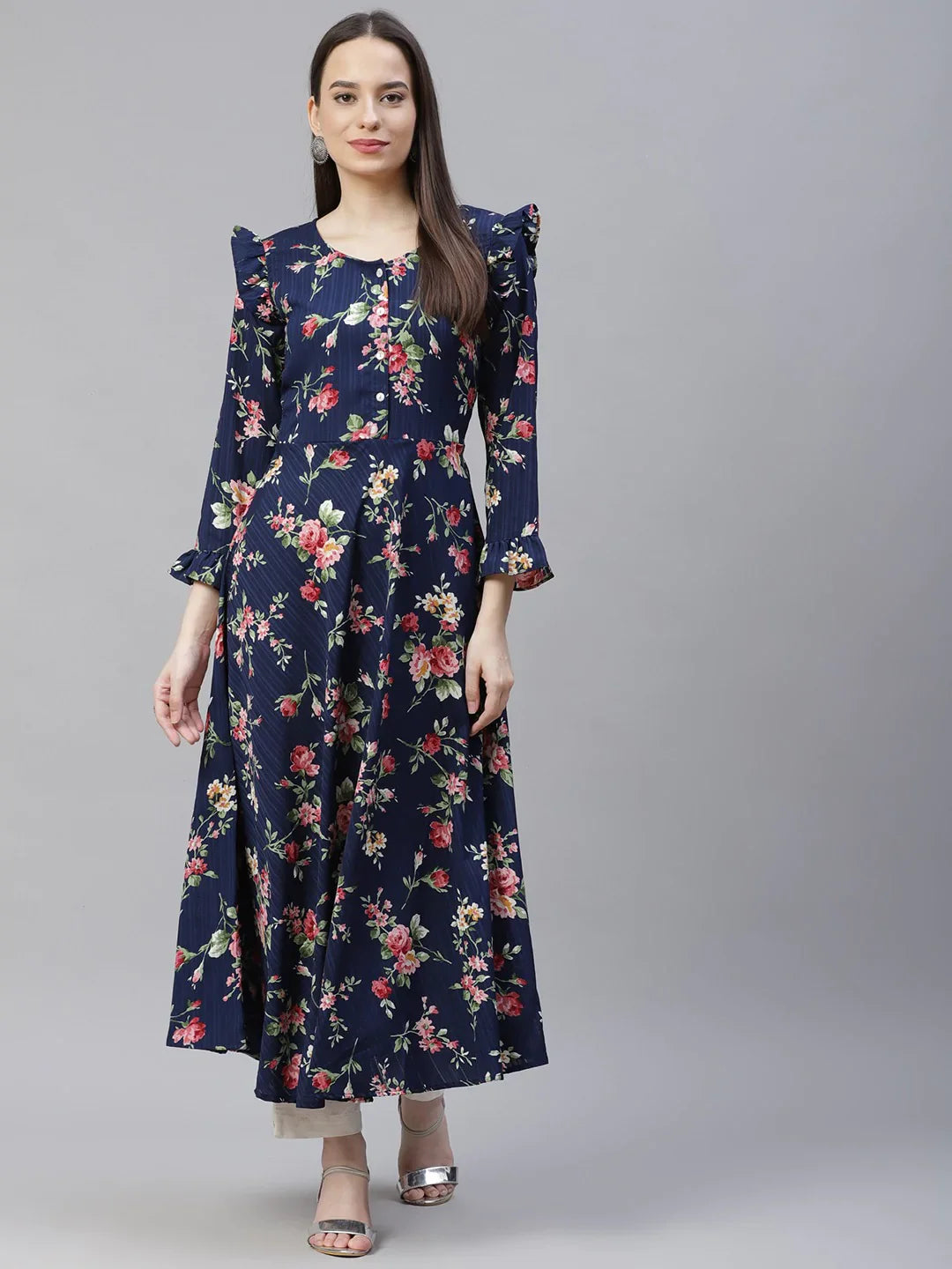 Jompers Women's Navy Blue & Pink Floral Printed Bell Sleeves Floral Anarkali Kurta - Distacart
