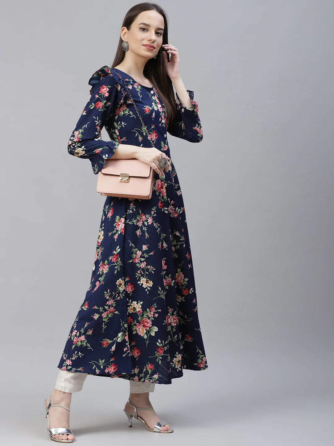 Jompers Women's Navy Blue & Pink Floral Printed Bell Sleeves Floral Anarkali Kurta - Distacart