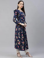 Thumbnail for Jompers Women's Navy Blue & Pink Floral Printed Bell Sleeves Floral Anarkali Kurta - Distacart
