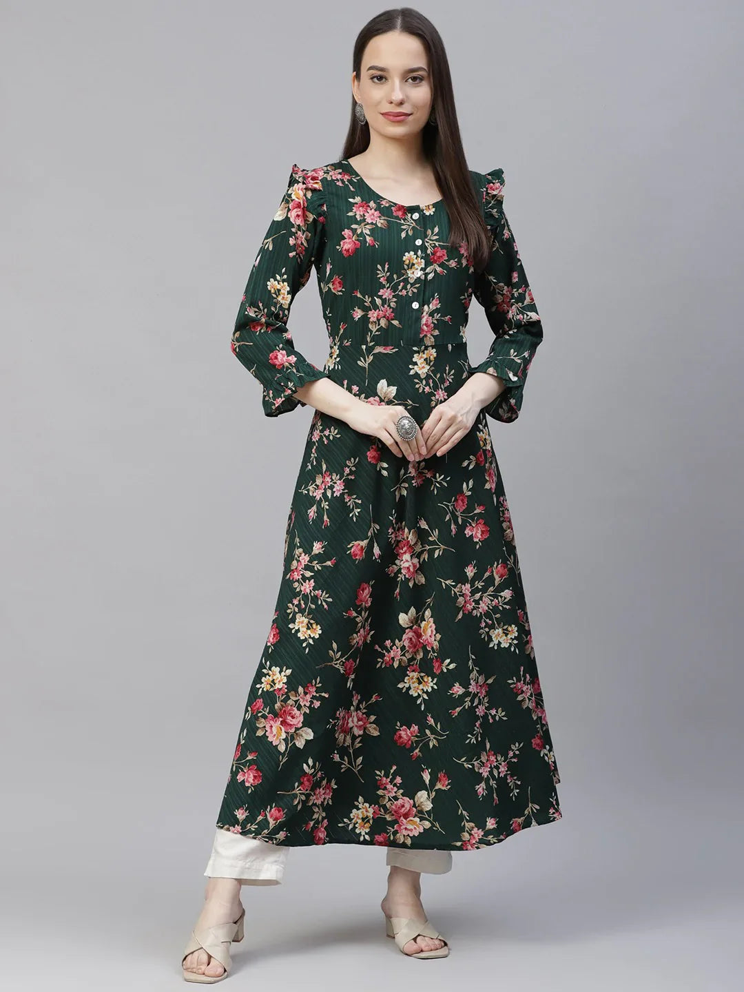 Jompers Women's Green & Pink Floral Printed Bell Sleeves Floral Anarkali Kurta - Distacart