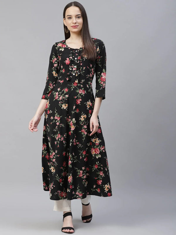 Jompers Women's Black Floral Printed Floral Anarkali Kurta - Distacart