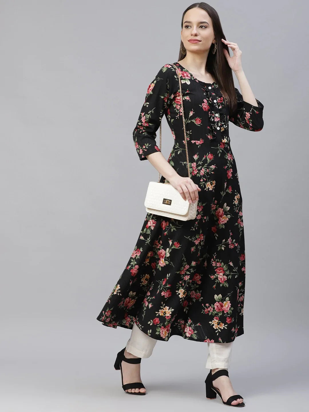 Jompers Women's Black Floral Printed Floral Anarkali Kurta - Distacart