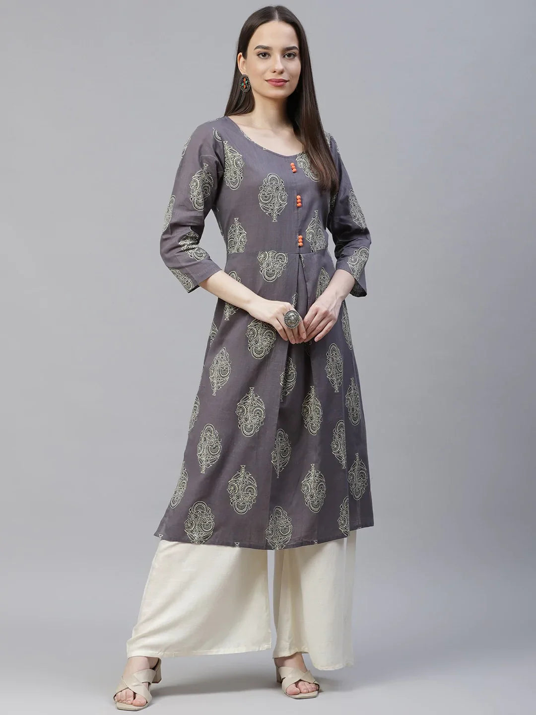 Jompers Women's Grey & Orange Ethnic Motifs Printed Block Print Kurta with Box Pleate - Distacart