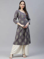 Thumbnail for Jompers Women's Grey & Orange Ethnic Motifs Printed Block Print Kurta with Box Pleate - Distacart
