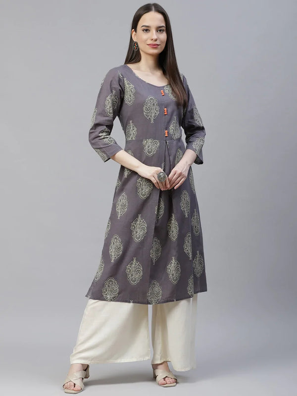 Jompers Women's Grey & Orange Ethnic Motifs Printed Block Print Kurta with Box Pleate - Distacart
