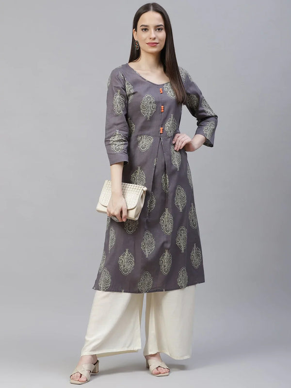 Jompers Women's Grey & Orange Ethnic Motifs Printed Block Print Kurta with Box Pleate - Distacart