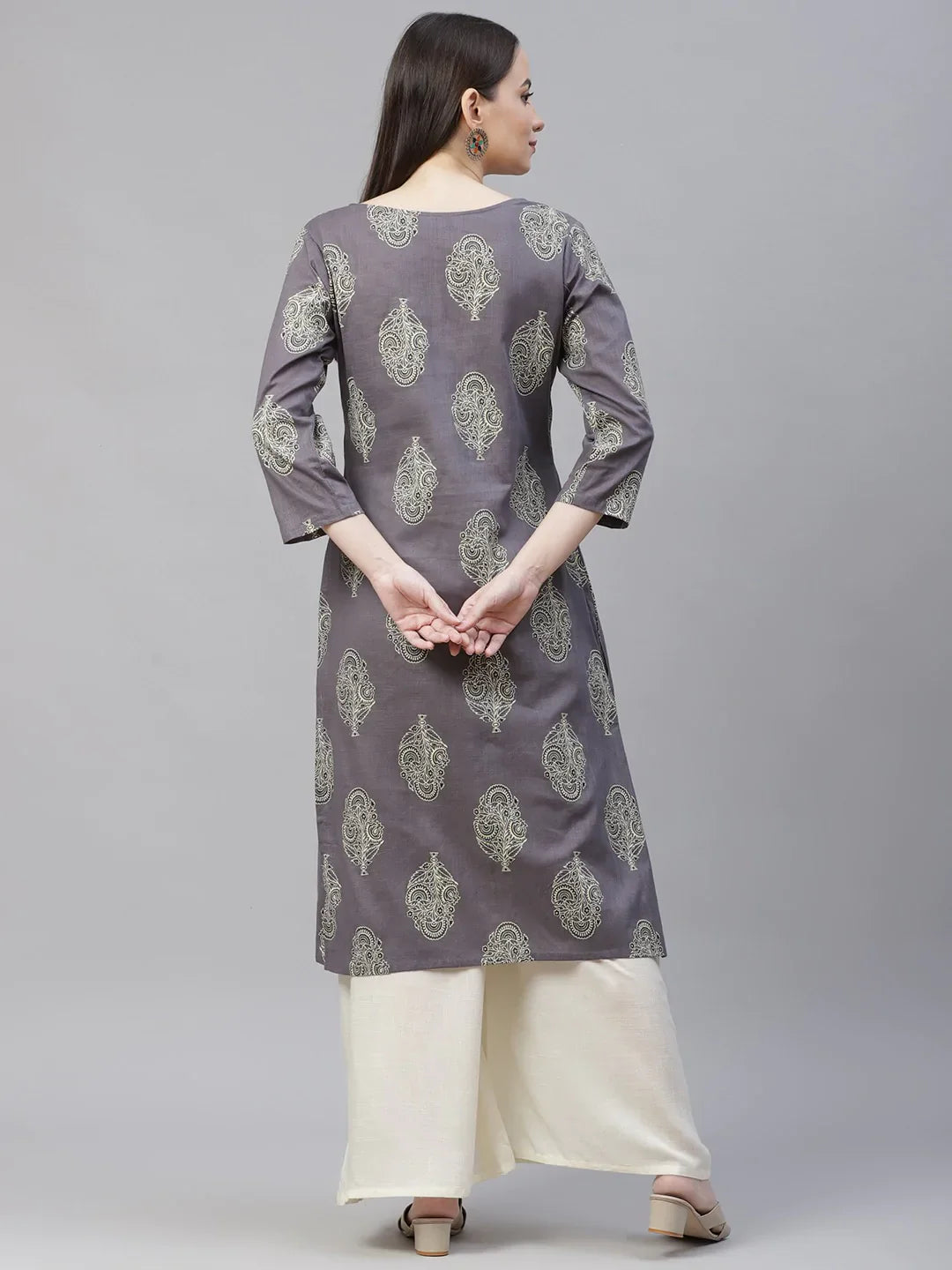 Jompers Women's Grey & Orange Ethnic Motifs Printed Block Print Kurta with Box Pleate - Distacart