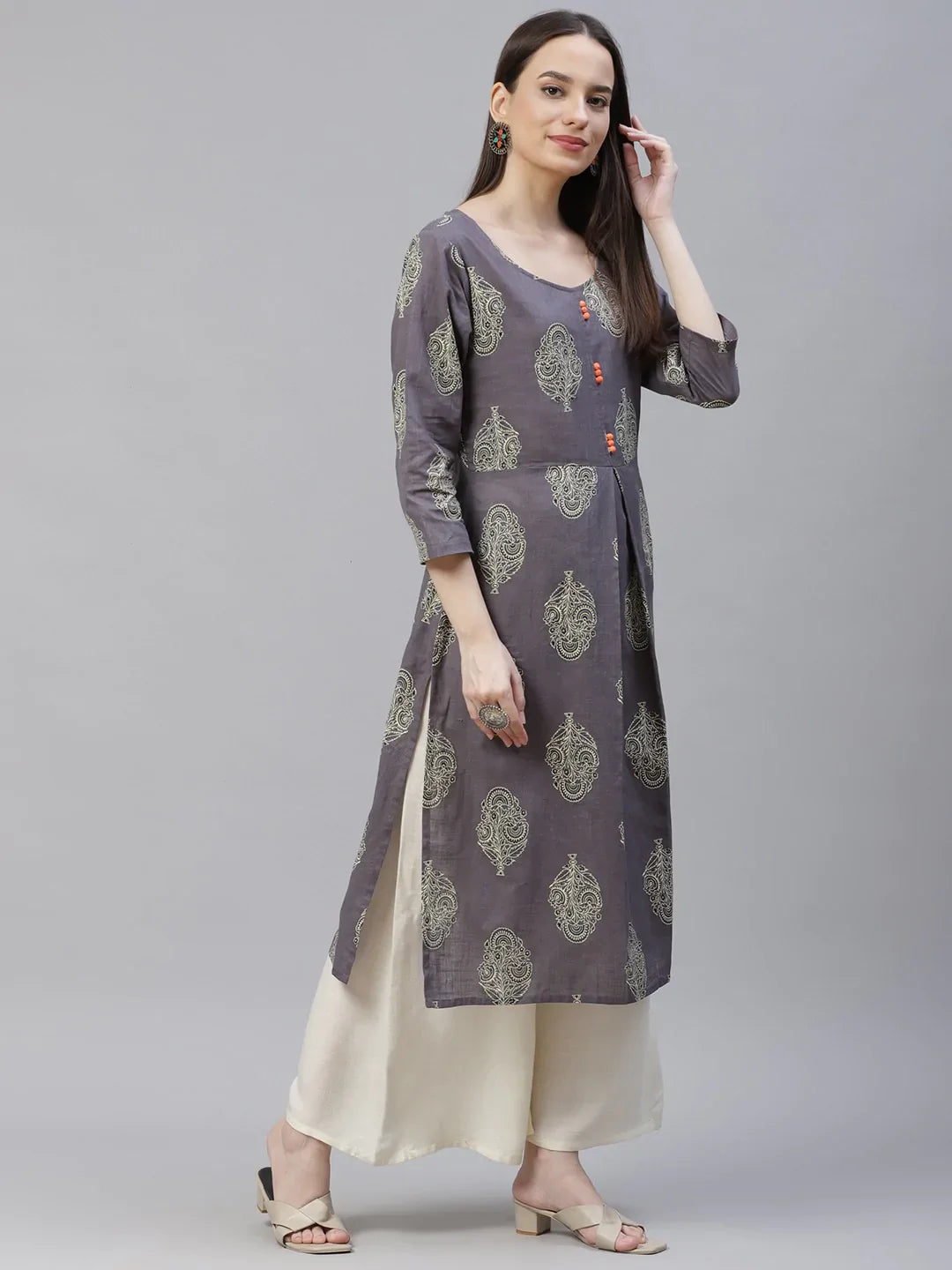 Jompers Women's Grey & Orange Ethnic Motifs Printed Block Print Kurta with Box Pleate - Distacart