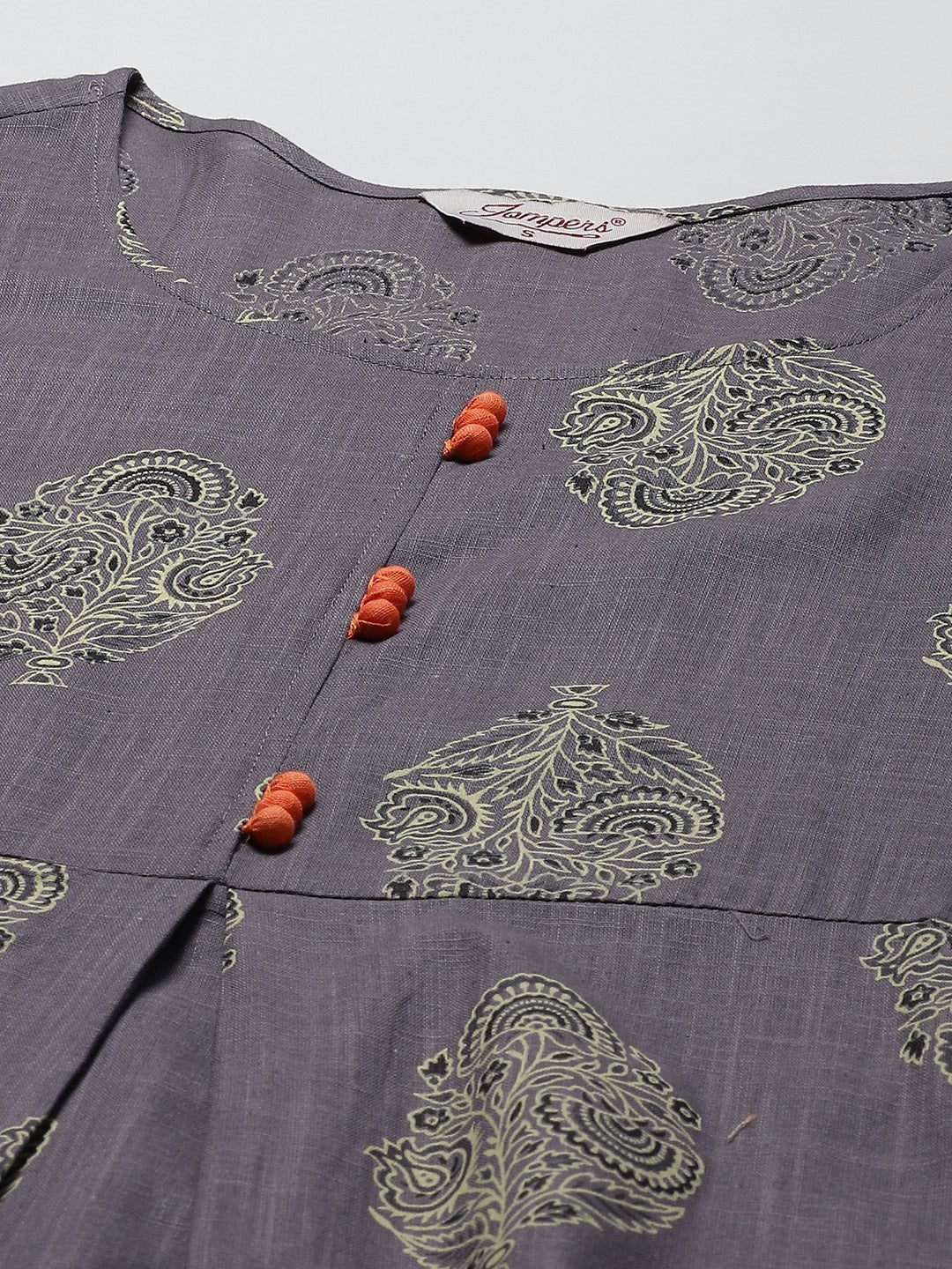 Jompers Women's Grey & Orange Ethnic Motifs Printed Block Print Kurta with Box Pleate - Distacart