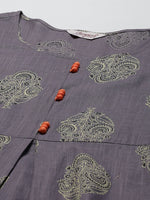 Thumbnail for Jompers Women's Grey & Orange Ethnic Motifs Printed Block Print Kurta with Box Pleate - Distacart