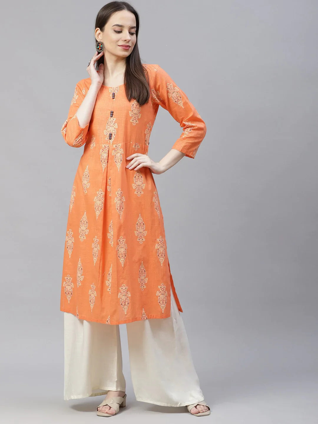 Jompers Women's Orange & Grey Ethnic Motifs Printed Block Print Kurta with Box Pleate - Distacart