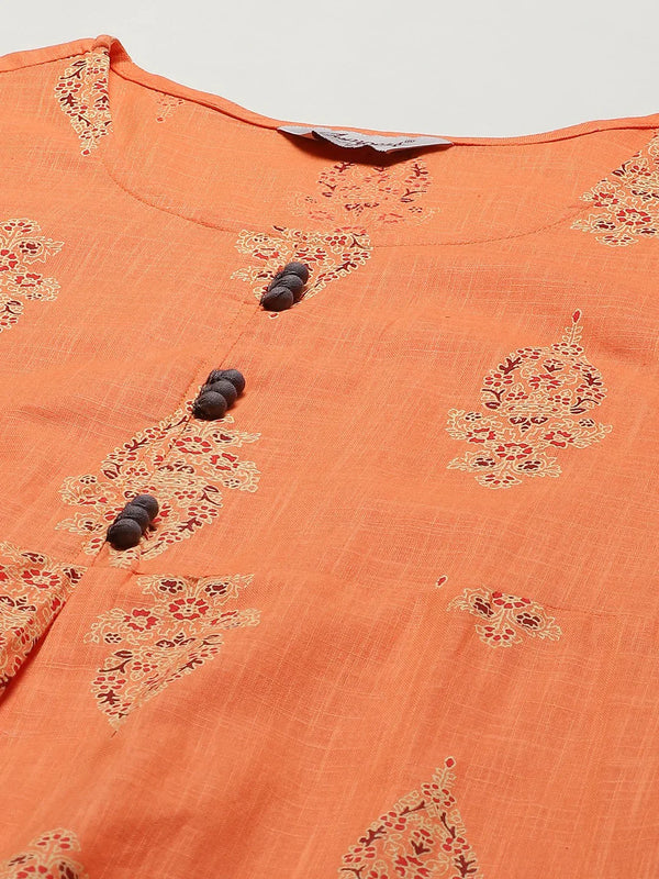 Jompers Women's Orange & Grey Ethnic Motifs Printed Block Print Kurta with Box Pleate - Distacart