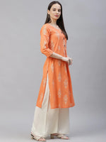 Thumbnail for Jompers Women's Orange & Grey Ethnic Motifs Printed Block Print Kurta with Box Pleate - Distacart
