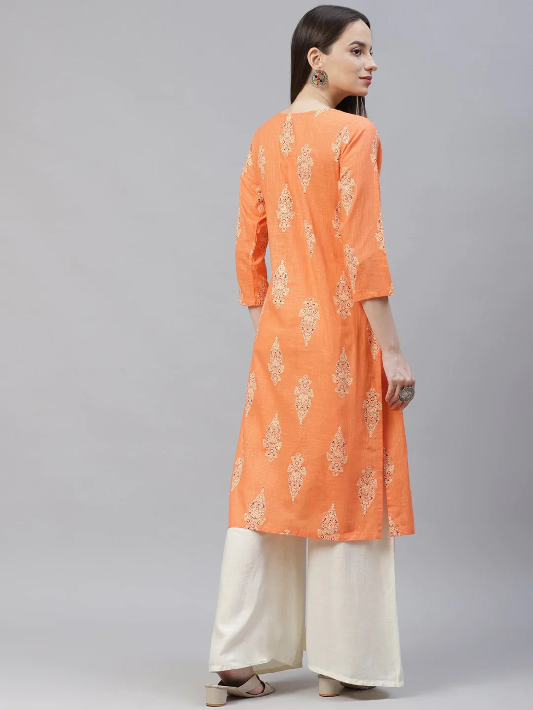 Jompers Women's Orange & Grey Ethnic Motifs Printed Block Print Kurta with Box Pleate - Distacart