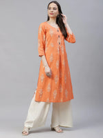 Thumbnail for Jompers Women's Orange & Grey Ethnic Motifs Printed Block Print Kurta with Box Pleate - Distacart