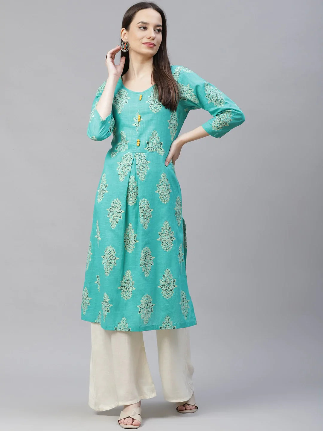 Jompers Women's Sea Green & Yellow Ethnic Motifs Printed Block Print Kurta with Box Pleate - Distacart
