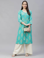Thumbnail for Jompers Women's Sea Green & Yellow Ethnic Motifs Printed Block Print Kurta with Box Pleate - Distacart