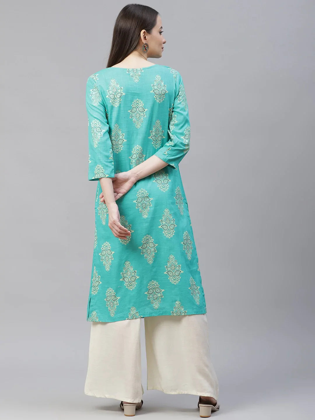 Jompers Women's Sea Green & Yellow Ethnic Motifs Printed Block Print Kurta with Box Pleate - Distacart