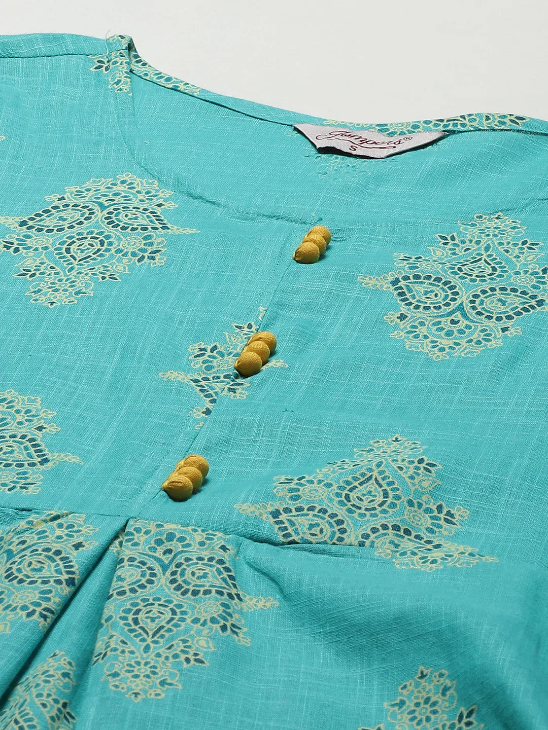 Jompers Women's Sea Green & Yellow Ethnic Motifs Printed Block Print Kurta with Box Pleate - Distacart