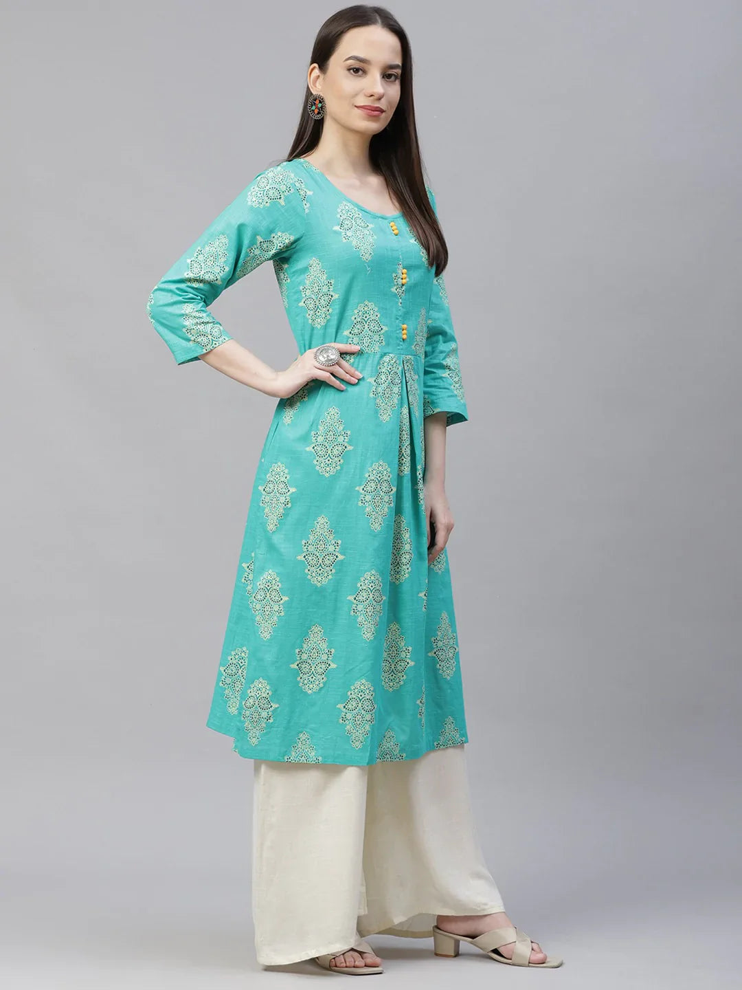 Jompers Women's Sea Green & Yellow Ethnic Motifs Printed Block Print Kurta with Box Pleate - Distacart