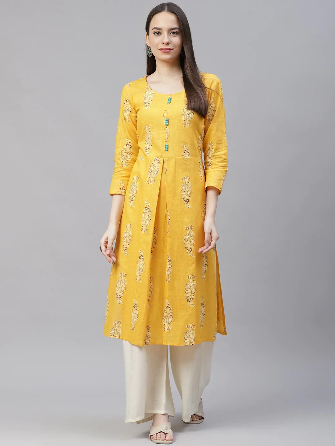 Jompers Women's Yellow & Sea Green Ethnic Motifs Printed Block Print Kurta with Box Pleate - Distacart
