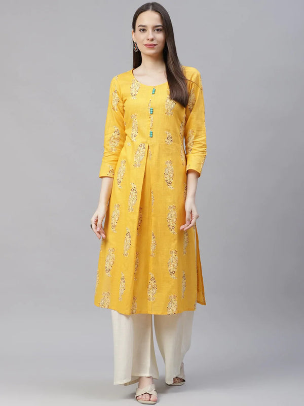 Jompers Women's Yellow & Sea Green Ethnic Motifs Printed Block Print Kurta with Box Pleate - Distacart