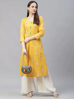 Thumbnail for Jompers Women's Yellow & Sea Green Ethnic Motifs Printed Block Print Kurta with Box Pleate - Distacart