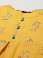 Thumbnail for Jompers Women's Yellow & Sea Green Ethnic Motifs Printed Block Print Kurta with Box Pleate - Distacart