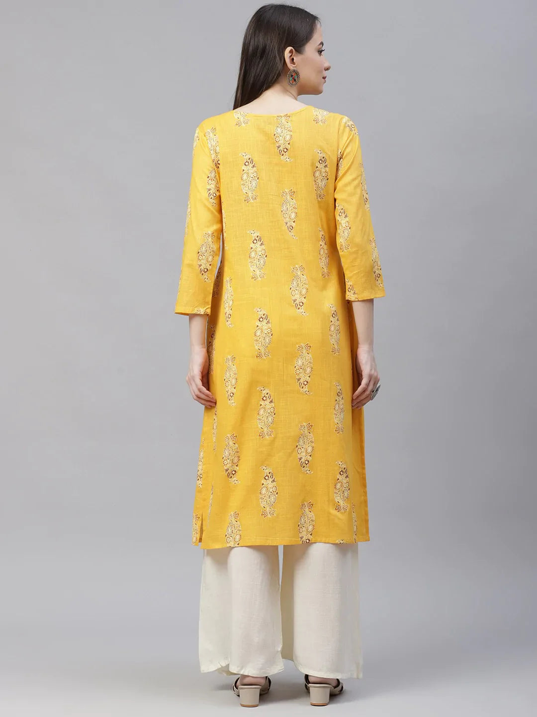 Jompers Women's Yellow & Sea Green Ethnic Motifs Printed Block Print Kurta with Box Pleate - Distacart