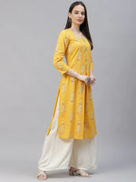 Thumbnail for Jompers Women's Yellow & Sea Green Ethnic Motifs Printed Block Print Kurta with Box Pleate - Distacart