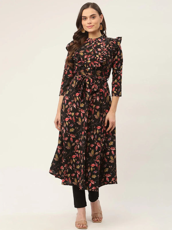 Jompers Women's Black Flared Printed kurta - Distacart