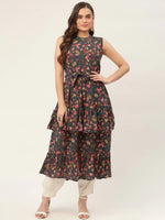 Thumbnail for Jompers Women's Grey Flared Printed kurta - Distacart