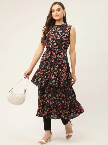 Jompers Women's Navy Blue Flared Printed kurta - Distacart