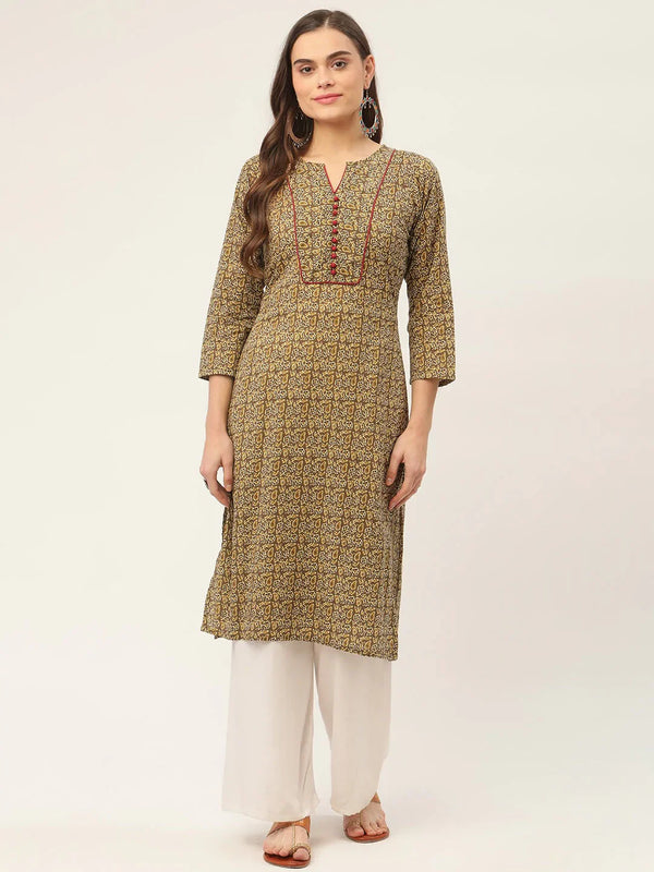 Jompers Women's Brown and Olive Printed Straight Pure Cotton Kurta - Distacart