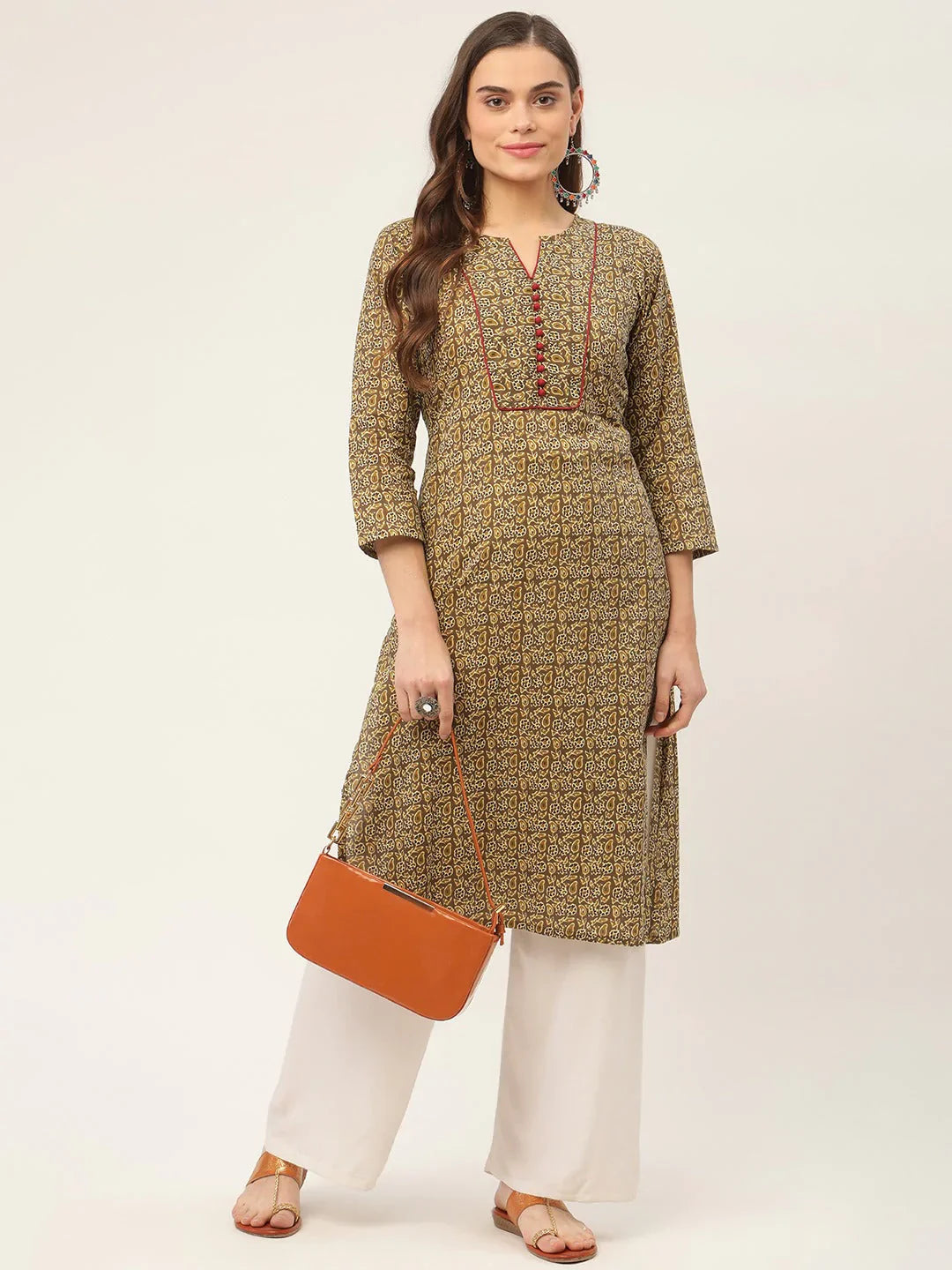 Jompers Women's Brown and Olive Printed Straight Pure Cotton Kurta - Distacart