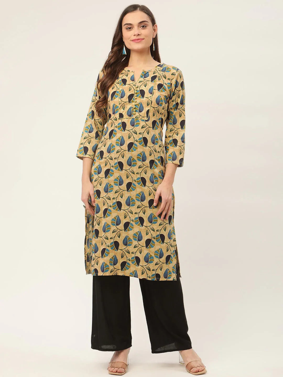 Jompers Women's Beige and Navy Printed Straight Pure Cotton Kurta - Distacart