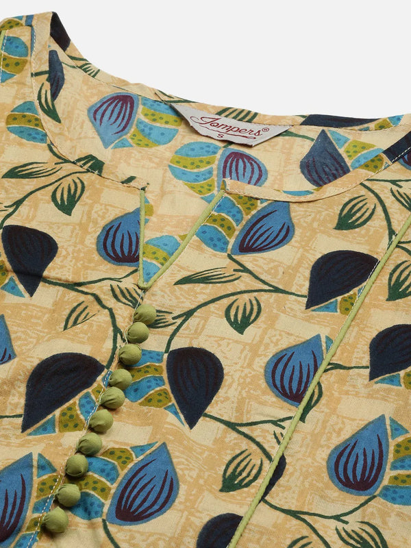 Jompers Women's Beige and Navy Printed Straight Pure Cotton Kurta - Distacart