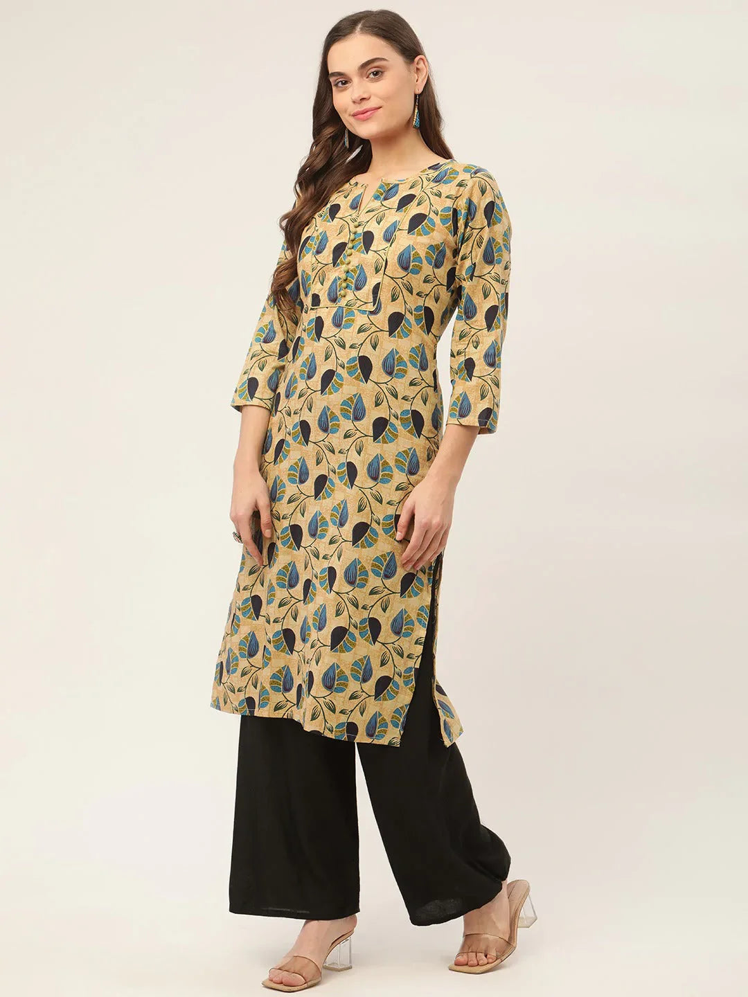 Jompers Women's Beige and Navy Printed Straight Pure Cotton Kurta - Distacart