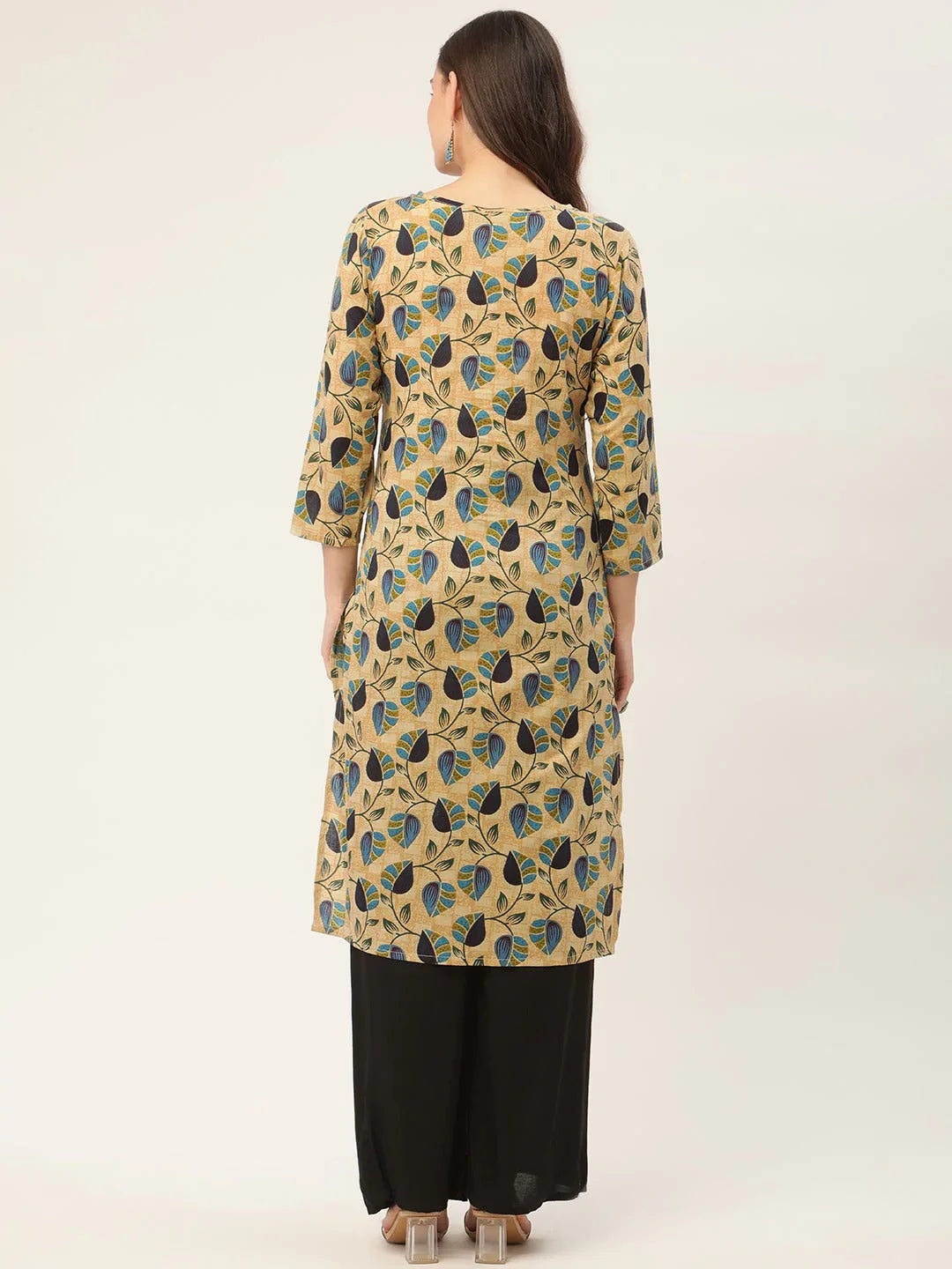 Jompers Women's Beige and Navy Printed Straight Pure Cotton Kurta - Distacart