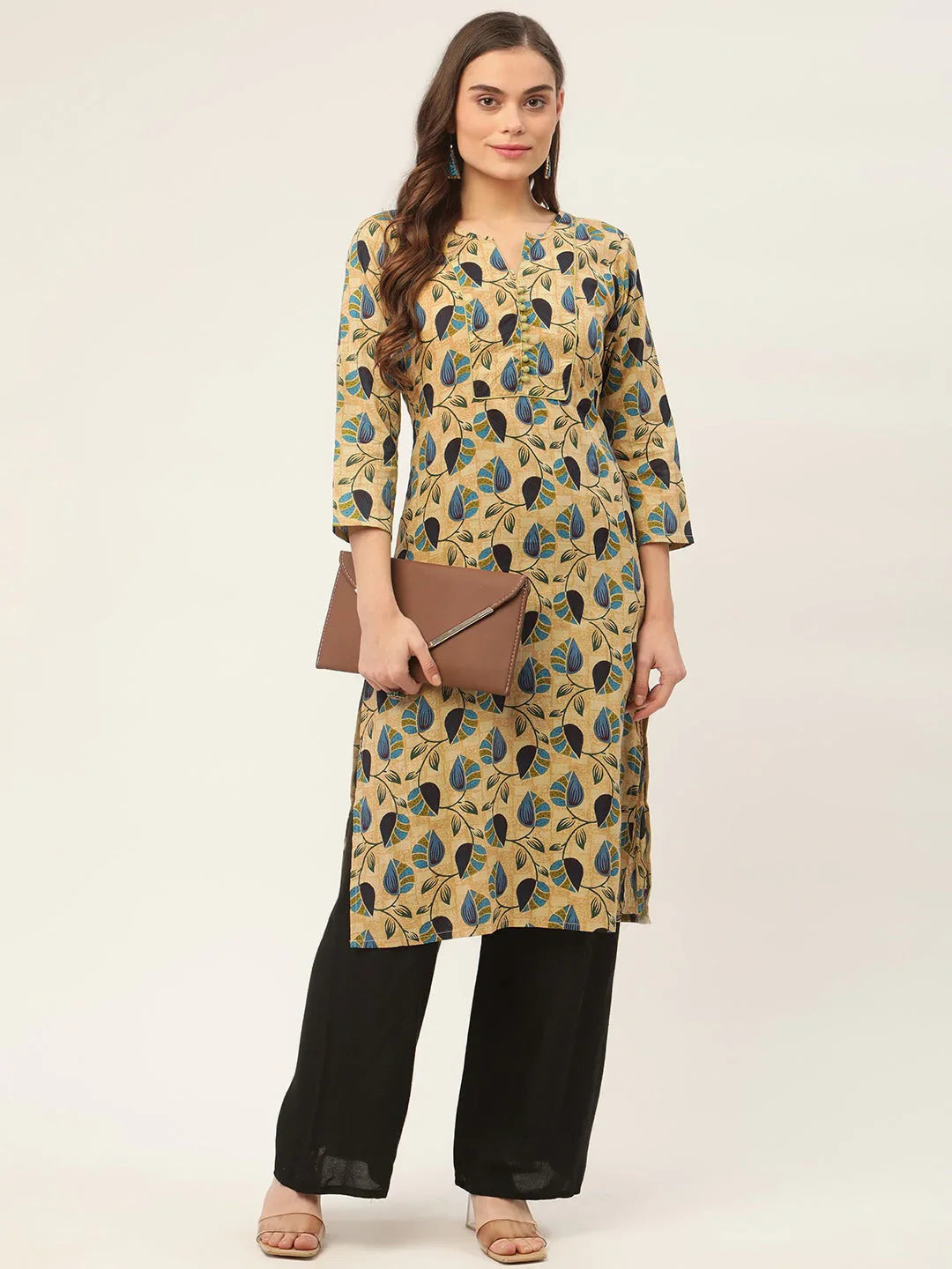 Jompers Women's Beige and Navy Printed Straight Pure Cotton Kurta - Distacart
