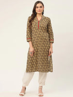 Thumbnail for Jompers Women's Brown and Olive Printed Straight Pure Cotton Kurta - Distacart